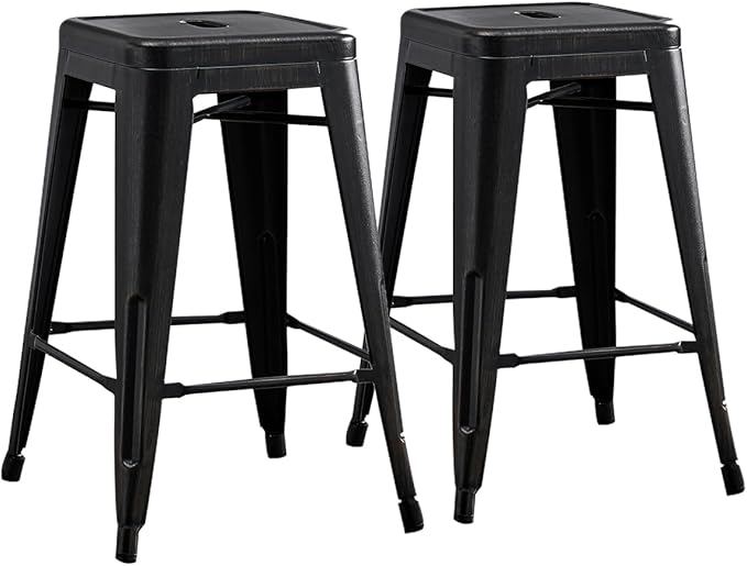 AC Pacific 24” Metal Backless Barstool Set of 2 – Country Rustic Style, Lightweight & Sturdy Build, Easy Assembly – Distressed Black Finish