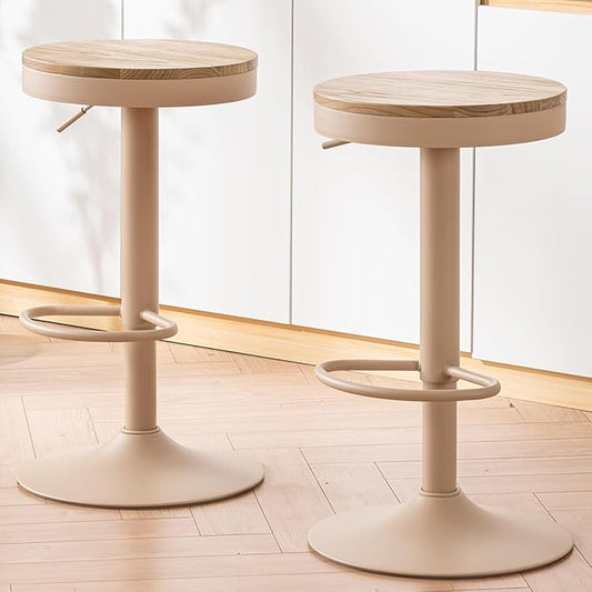 Kidol & Shellder Bar Stools Set of 2 Round Adjustable Swivel Barstools Modern Backless Bar Chairs Wooden Seat Counter Height Stools Armless for Kitchen Island, Cafe, Dining Room (Khaki)