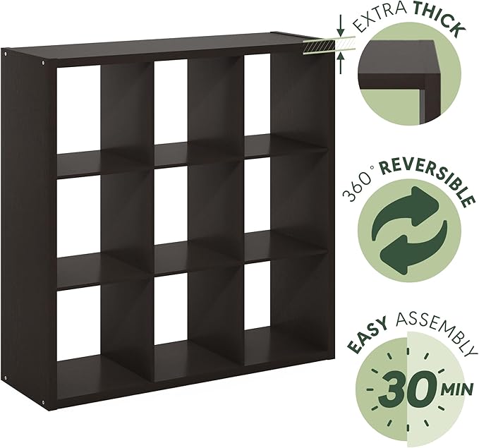 Furinno CUBICLE Book Shelf, 9-Cube Thick Frame Bookshelf, Reversible Bookcase with Open Back, 14.6 x 43.8 x 43.8, for Living Room, Bedroom, Home Office, Black Dark Oak