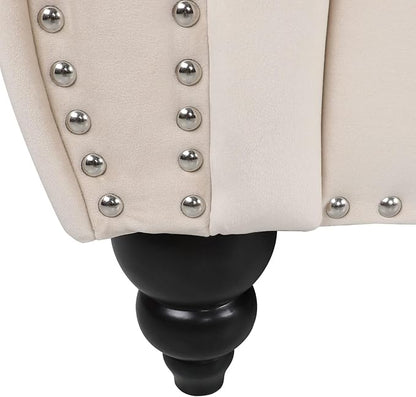 Chesterfield 3 Seater Sofa, Modern Velvet Tufted Couch 3 Seater with Rolled Arms and Nailhead Mid-Century Upholstered Couch for Living Room, Bedroom, Apartment and Office, Beige