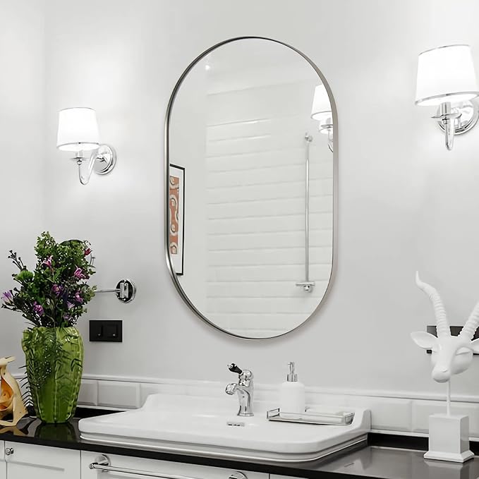 ANDY STAR Chrome Oval Mirror 26x38’’ Pill-Shaped Mirror Chrome Metal Framed for Bathroom Vanity in 1 Inch Stainless Steel Meatl Frame Anti-Rust Wall-Mounted Vertically/Horizontally