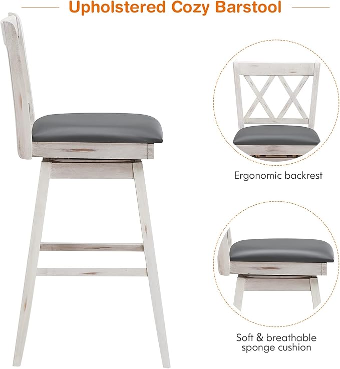 COSTWAY Bar Stool Set of 2, 360° Swivel Bar Height 29.5 inch Bar Stool with Foot Rest Upholstered Cushion & Ergonomic Backrest, Sturdy Frame, for Pub, Restaurant, Home (2, Antique White+ Grey)