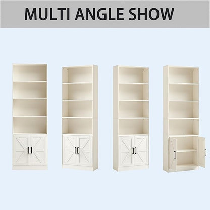 70in Tall Bookshelf 6 Tier Bookcase with Barn Doors and Adjustable Shelf, White Farmhouse Book Shelves with Storage Cabinet