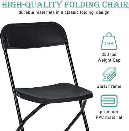 50 Pack Black Plastic Folding Chairs, Portable Stackable Commercial Party Folding Chairs with Steel Frame 350lbs for Home Office Outdoor Indoor Office Wedding Party Events