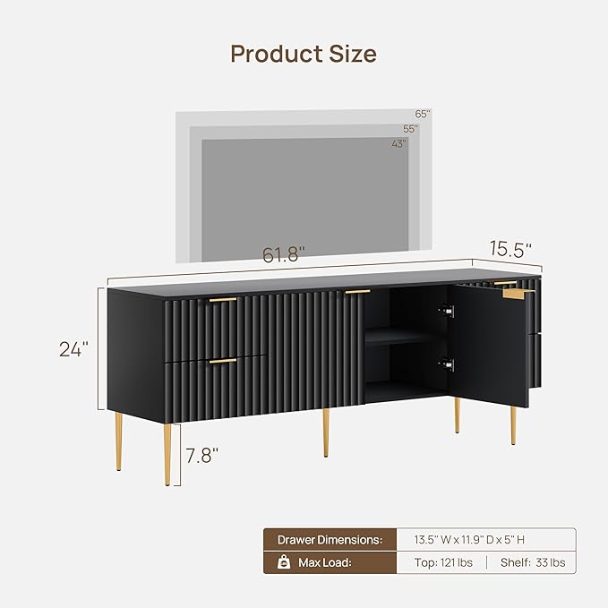 SICOTAS TV Stand for 55/60/65/70 Inch TV - 62 Inch TV Stands for Living Room Entertainment Center with 4 Drawers, Fluted Modern TV Media Console Television Cabinet for Bedroom(Black, 1 Piece)