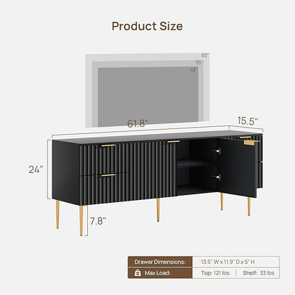 SICOTAS TV Stand for 55/60/65/70 Inch TV - 62 Inch TV Stands for Living Room Entertainment Center with 4 Drawers, Fluted Modern TV Media Console Television Cabinet for Bedroom(Black, 1 Piece)