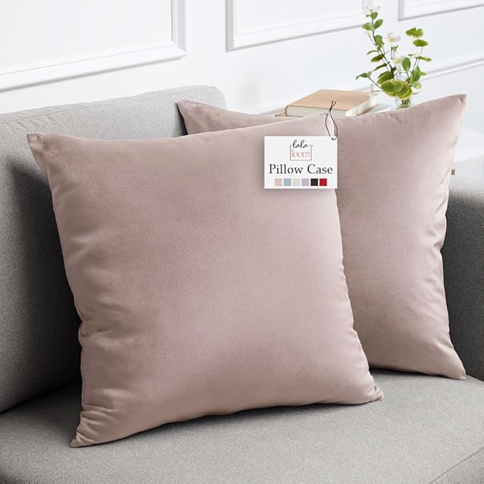 lalaLOOM Velvet Throw Pillow Covers, Set of 2, 20x20 Decorative Square Pillows Home Decor, Soft Accent Cases, Silky Machine Washable Pillowcases for Sofa, Couch, Bedroom, Living Room, Petal Pink