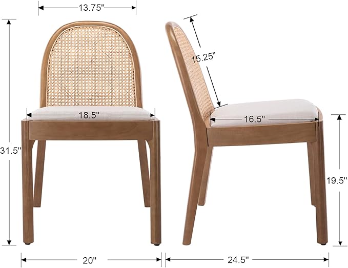 Upholstered Wooden Dining Chairs Set of 6, Farmhouse Kitchen & Dining Room Chairs with Cane Back, Accent Dining Table Chairs Beige Linen Seat for Kitchen/Restaurant/Living Room, Beige