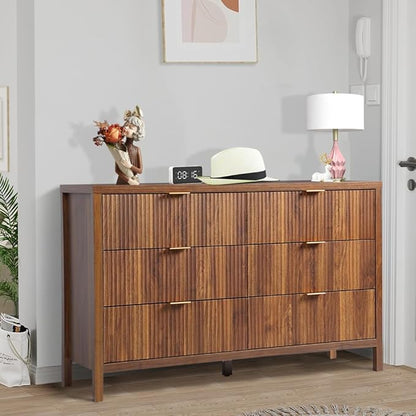 Fluted 6 Drawer TV Stand Dresser for Bedroom, Mid Century Modern Dresser with Drawers, MDF Wooden Chest of Drawers, Fluted Cabinet for Closet Cloth, Living Room, Entryway -Walnut