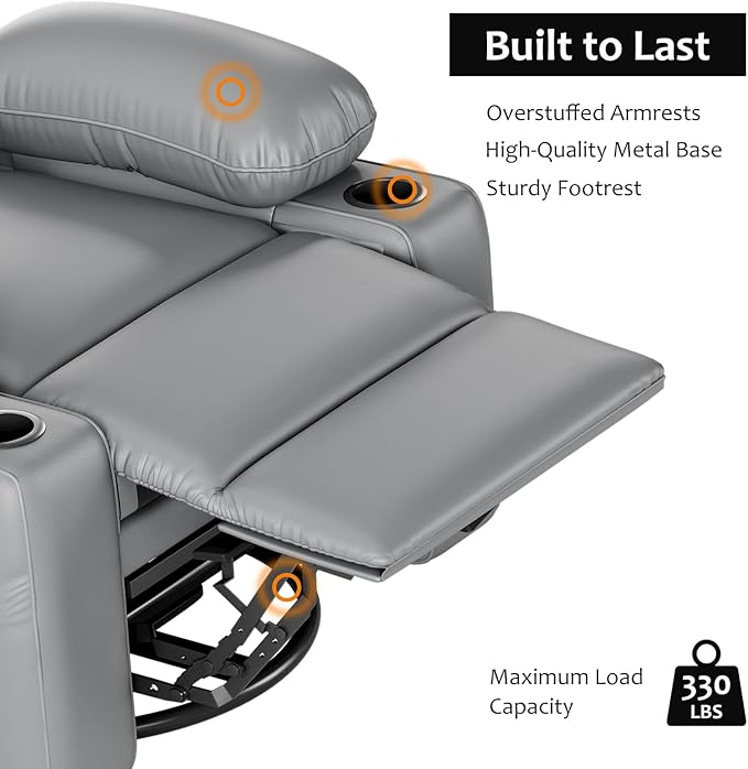 27" Oversized Power Recliner Chair, Faux Leather Rocking Chair with Heat & Massage, 360° Swivel Modern Electric Recliner with Cup Holder ＆ USB Charging for Living Room, Bedroom, Nursery - Grey