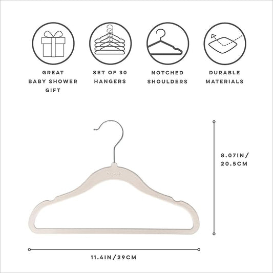 3 Sprouts Velvet Baby Hangers - Non-Slip Hanger for Infant, Toddler, Baby Clothes - Closet Kids Hangers with Slim Design, Nordic Colors, Pack of 30 - Assorted Cream, Grey, Hazelnut