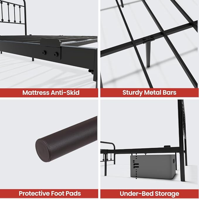 Golden Gate Beds Vintage Style King Size Metal Bed Frame with Wrought Iron Headboard and Footboard – Classic Platform Bed with 11" Storage Space, No Box Spring Required, Black Finish