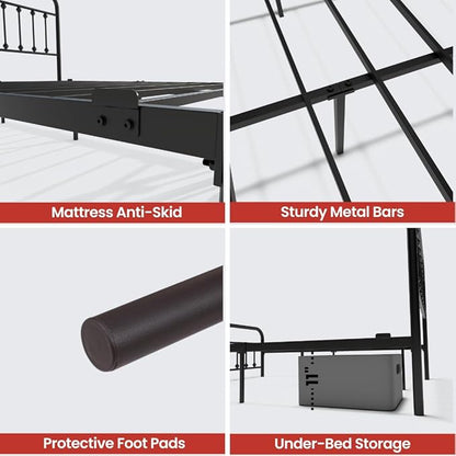 Golden Gate Beds Vintage Style King Size Metal Bed Frame with Wrought Iron Headboard and Footboard – Classic Platform Bed with 11" Storage Space, No Box Spring Required, Black Finish