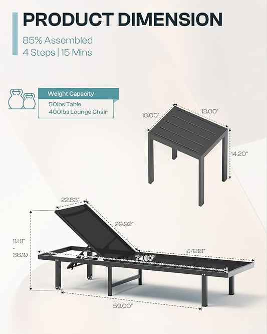 Pool Lounge Chairs Set of 2，Outdoor Lounge Chairs with Wheels and 5-Position Recliner -Easy to Move- Aluminum Patio Lounge Chair for Poolside, Deck (Black)