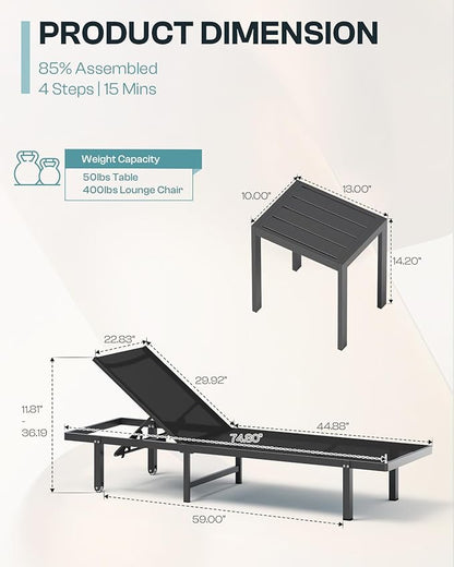 Pool Lounge Chairs, Chaise Lounge Outdoor with Wheels and 5-Position Recliner -Easy to Move- Aluminum Patio Lounge Chair for Poolside, Deck (Black)