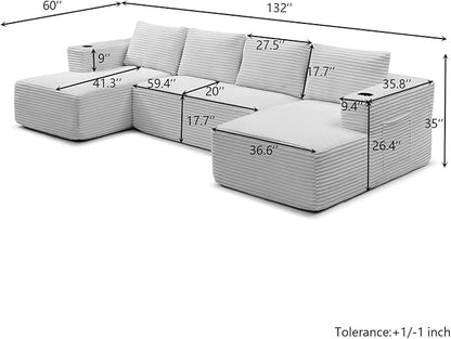 132 Inch Modular Sectional Sleeper Sofa, Boneless Cloud Couch for Living Room, U Shaped 5 Seat Sofa with 2 Cup Holders, Free Combination, No Assembly Required (Green)