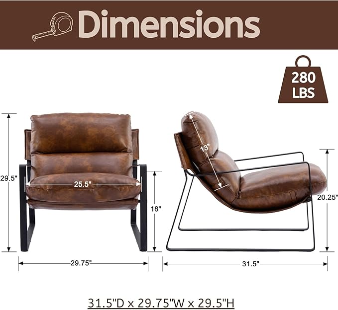 LukeAlon Modern PU Leather Accent Armchairs Set of 2, Upholstered Soft Living Room Chairs with Black Metal Legs Removable Thickened Cushion Sofa Chairs Lounge Chair for Bedroom Living Room, Brown