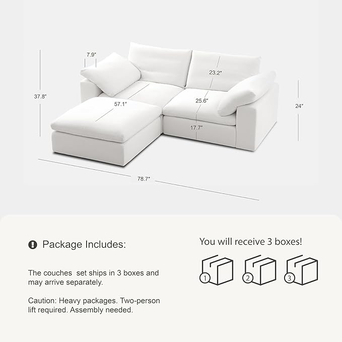 Modular Cloud Sofa, 78.7" Cloud Sectional Couches with Deep Seat，Oversized Loveseat Sofa with Ottoman for Living Room, Modern Comfy Couch with Washable Cover, Wide Armrest (White,1 Ottoman)