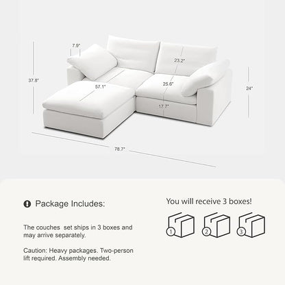 Modular Cloud Sofa, 78.7" Cloud Sectional Couches with Deep Seat，Oversized Loveseat Sofa with Ottoman for Living Room, Modern Comfy Couch with Washable Cover, Wide Armrest (White,1 Ottoman)