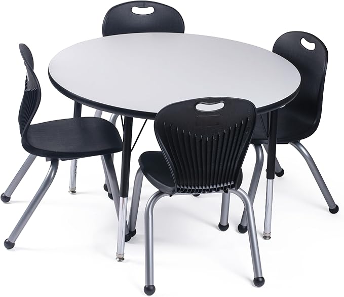 Chair and Table Set for Schools - Round Table About 36" Diameter - Height Adjustable Legs -Spray Edges - and Four Luxurious Classroom Chairs - for Commercial Spaces