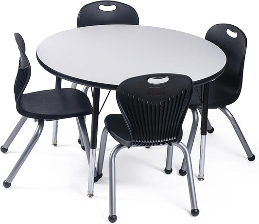 Chair and Table Set for Schools - Round Table About 36" Diameter - Height Adjustable Legs -Spray Edges - and Four Luxurious Classroom Chairs - for Commercial Spaces