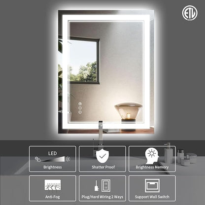 LED Mirror 20"x28" with Front and Backlit,Dimmable LED Lighted Vanity Mirror Bathrooom Wall,Memory Shatterproof Anti Fog Mirror for Bathroom