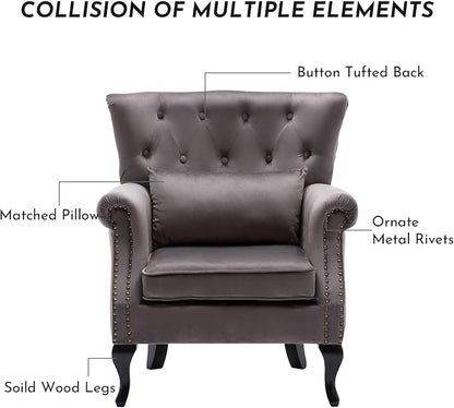 Accent Reading Arm Chairs Set of 2 for Living Room Bedroom, Midcentury Modern Comfy Corner Sofa Chair, Wingback Waiting Room Club Chair with Button Tufted Back &Lumbar Pillow, Velvet Grey