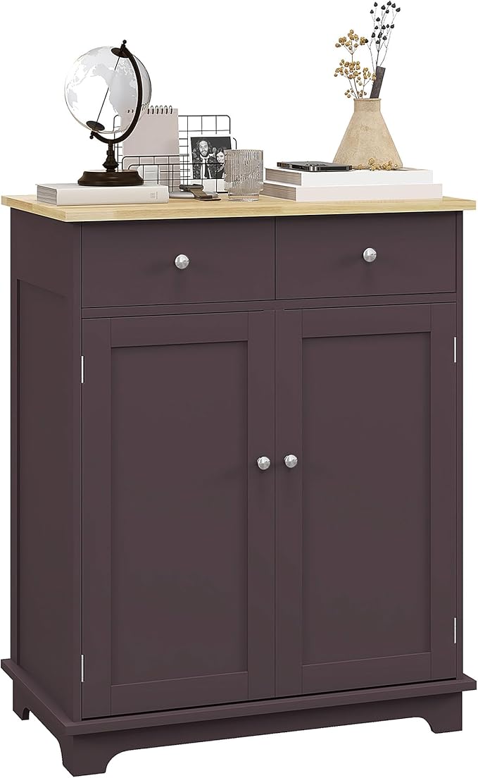 HOMCOM Sideboard with Solid Wood Countertop, Modern Kitchen Storage Cabinet, Coffee Bar Cabinet with 2 Drawers, Doors and Adjustable Shelf, Coffee
