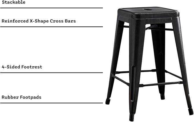 AC Pacific 24” Metal Backless Barstool Set of 2 – Country Rustic Style, Lightweight & Sturdy Build, Easy Assembly – Distressed Black Finish
