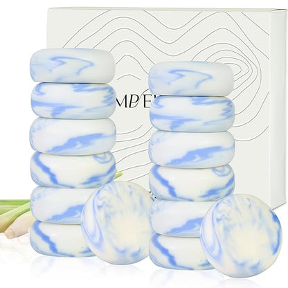 14 Pack 25 g Travel Size Soap Lemongrass Scented, Individually Wrapped 4-In-1 Handmade Hotel Mini Soap Bars with Olive Oil, Shea Butter, Soothe and Moisturize, Eco-Friendly, 0.88 oz