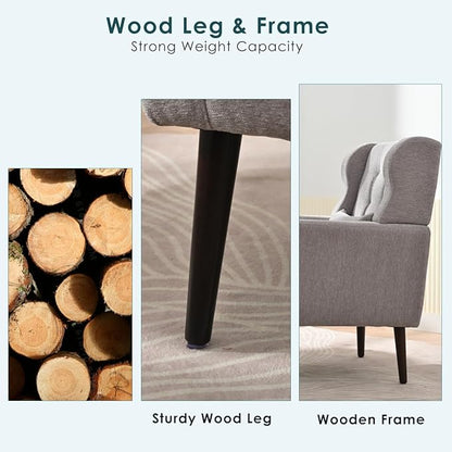 Accent Chair, Comfy Upholstered Living Room Chairs with High Tufted Backrest and Pillow, Wingback Reading Chair with Solid Wood Legs for Bedroom/Office, Chenille Fabric, Grey