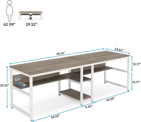 Tribesigns Two Person Desk with Bookshelf, 78.7 Computer Office Double Desk for Two Person, Rustic Writing Desk Workstation with Shelf for Home Office (Gray/White)