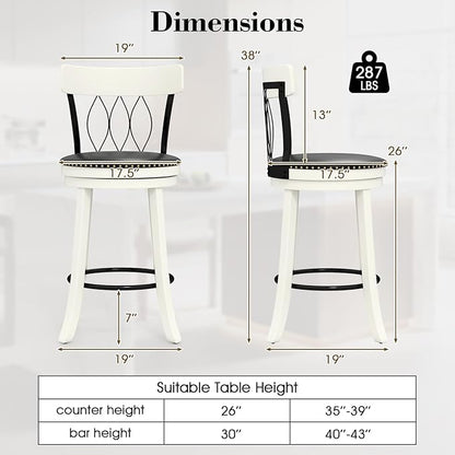 COSTWAY Bar Stools Set of 4, 26” Seat Height Swivel Barstools with Ergonomic Backrest, Soft Cushion & Footrest, Rubber Wood Counter Height Bar Chairs Upholstered Dining Chairs for Kitchen Island