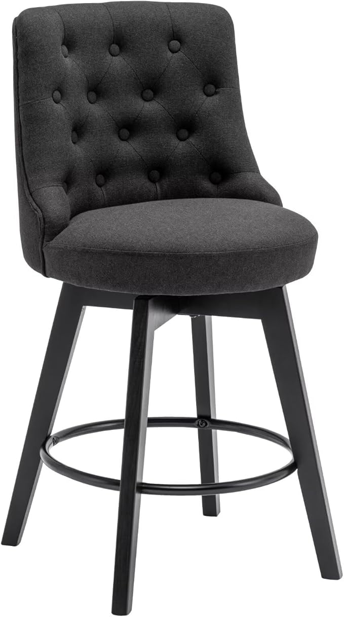 MINCETA Set of 4 Upholstered Bar Stools - 26 Inch Swivel Counter Height Stools with Low Tufted Back, Footrest & Performance Fabric - Round Seat for Kitchen Island & Home Bar Black