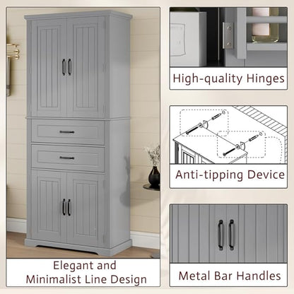 Polibi Elegant Storage Cabinet with Adjustable Shelves - 2 Drawers, 5 Interior Shelves & 6 Small Shelves, for Living Room/Bathroom, Gray