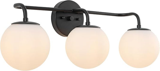 JONATHAN Y JYL3536B Louis Parisian Globe 25" 3-Light Metal/Frosted Glass Modern Contemporary LED Vanity Light Midcentury, Glam, Transitional, Bathroom, Powder Room, Dressing Room, Bedroom, Black