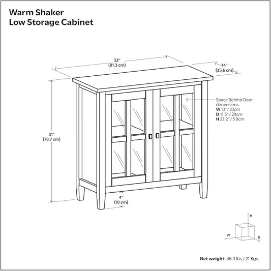 SIMPLIHOME Warm Shaker SOLID WOOD 32 inch Wide Transitional Low Storage Cabinet in Light Golden Brown for the Living Room, Entryway and Family Room