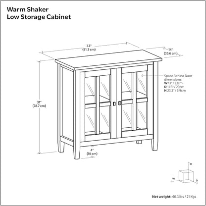 SIMPLIHOME Warm Shaker SOLID WOOD 32 inch Wide Transitional Low Storage Cabinet in Tobacco Brown for the Living Room, Entryway and Family Room