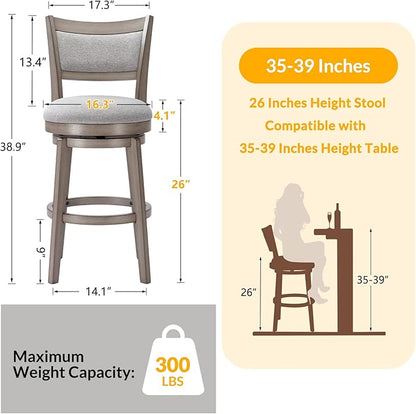 PrimeZone Swivel Bar Stools Set of 6, 26 Inch Counter Height Barstools, High Back Bar Stool with Solid Wood Legs & Wrap-Around Footrest, Counter Stools for Kitchen Island, Pub, Grey