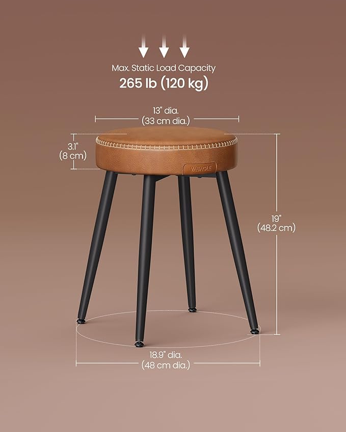 VASAGLE EKHO Collection - Dining Chairs Stools Set of 2, Upholstered Kitchen Chairs, Vanity Stools, Synthetic Leather with Stitching, Mid-Century Modern, 19-Inch Tall, Easy Assembly, Caramel Brown