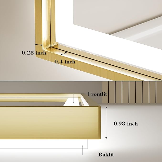 30X36 Inch Gold Frame Led Mirror,Backlit and Front Bathroom Mirror with Lights,Wall Mounted Double LED Dimmable Lighted Anti-Fog Vanity Mirror,Stepless 3 Colors Temperature 3000K-6000K