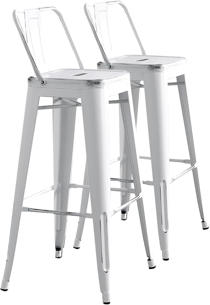 AC Pacific 30” Metal Barstool Set of 2 – Country Rustic Style with Low Back, Lightweight & Sturdy Build, Easy Assembly – Distressed White