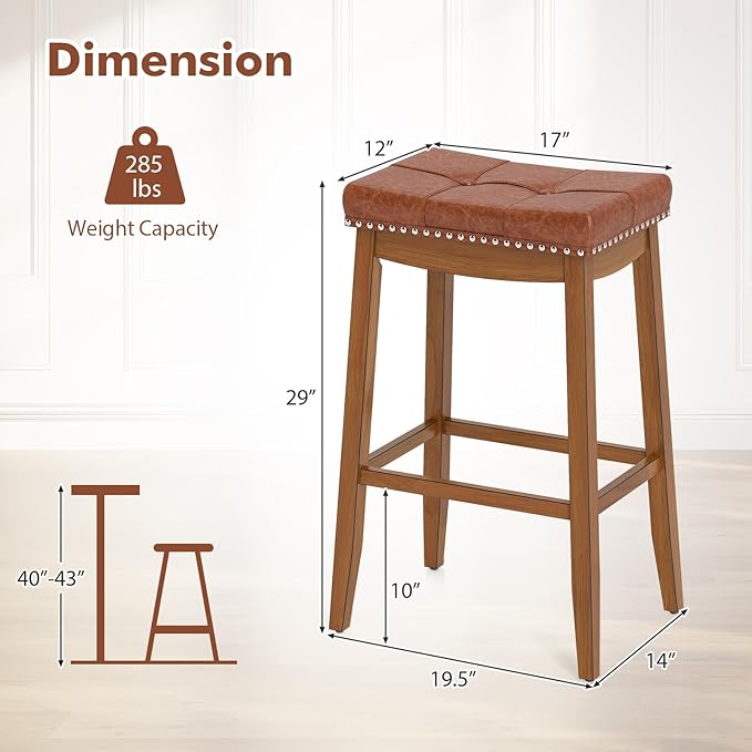 COSTWAY Saddle Bar Stools Set of 2, 29-Inch Bar Height Barstools w/PU Leather Seat, Solid Rubber Wood Frame, Footrest, Mid-Century Backless Bar Stools for Kitchen Island Home Bar