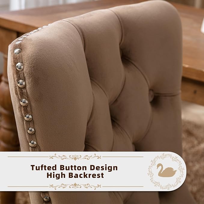 Velvet Upholstered Dining Chairs Set of 2, Modern Style Kitchen Side Chairs with Nailhead Trim and Wood Legs,Metal Pulling Ring for Dining Room Living Room(Khaki)