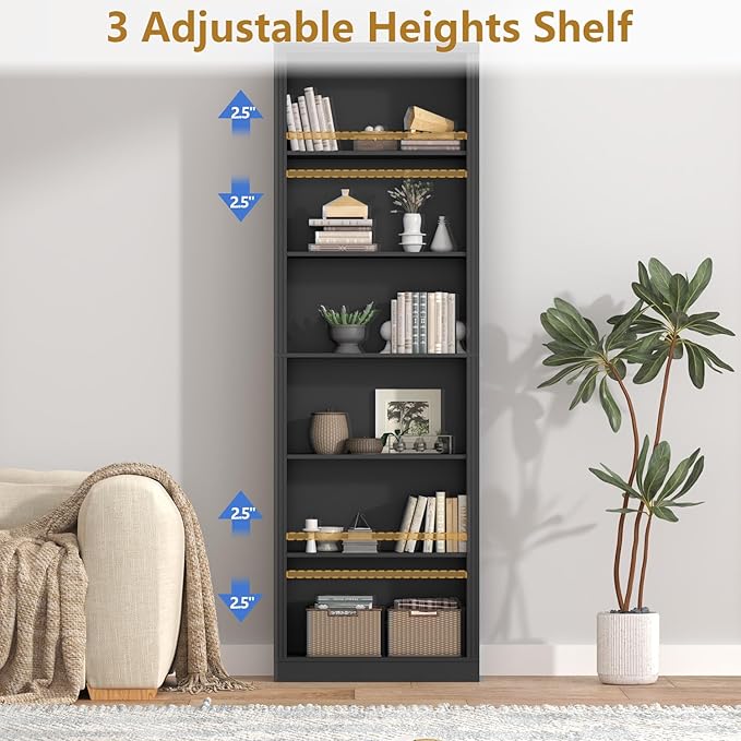 75" Tall Bookshelf & Bookcase, 6-Tier Adjustable Storage Shelves, Book Shelf with Anti-Tipping Device, Floor Standing Modern Display Rack for Living Room, Bedroom, Office, Black
