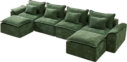 Hobestluk 152" Cloud Modular Sectional Couch 4-Seater Sofa with Ottomans U Shaped Couch Deep Seat Sofa with Removable Cover for Living Room (Green, 4-Seater Sofa with Two Ottomans)