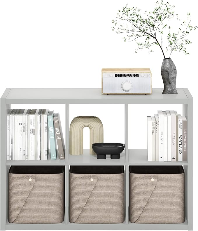 Furinno CUBICLE Book Shelf, 6-Cube Thick Frame Bookshelf, Horizontally & Vertically Reversible Bookcase with Open Back, 14.6 x 43.8 x 30, for Living Room, Bedroom, Home Office, Light Grey