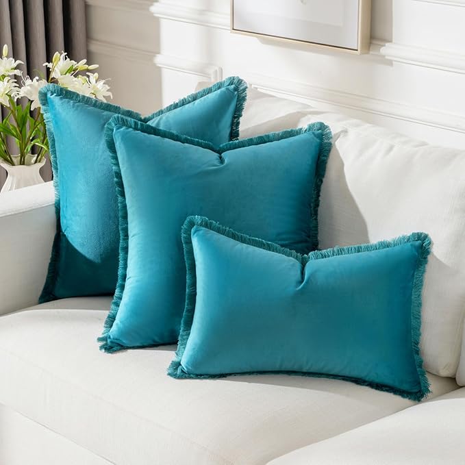 FUTEI Teal Velvet Decorative Throw Pillow Covers 18x18 Set of 2,Soft Cozy Edge with Tassels Cushion Case,Boho Modern Home Decor for Couch Bed Living Room