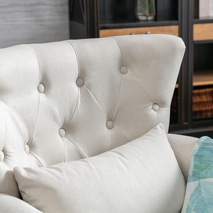 Accent Reading Arm Chairs with Ottoman for Living Room Bedroom, Midcentury Modern Comfy Corner Sofa Chair, Wingback Waiting Room Club Chair with Button Tufted Back &Lumbar Pillow, Linen Beige