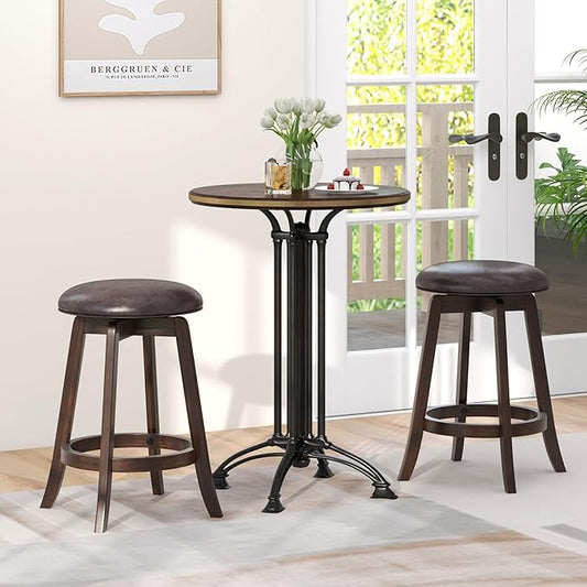 COSTWAY 24-Inch Swivel Bar Stools Set of 2, Upholstered Barstools w/PU Leather Seat & Solid Rubber Wood Legs, Mid-Century Backless Round Counter Height Stools w/Footrest for Kitchen Home Bar